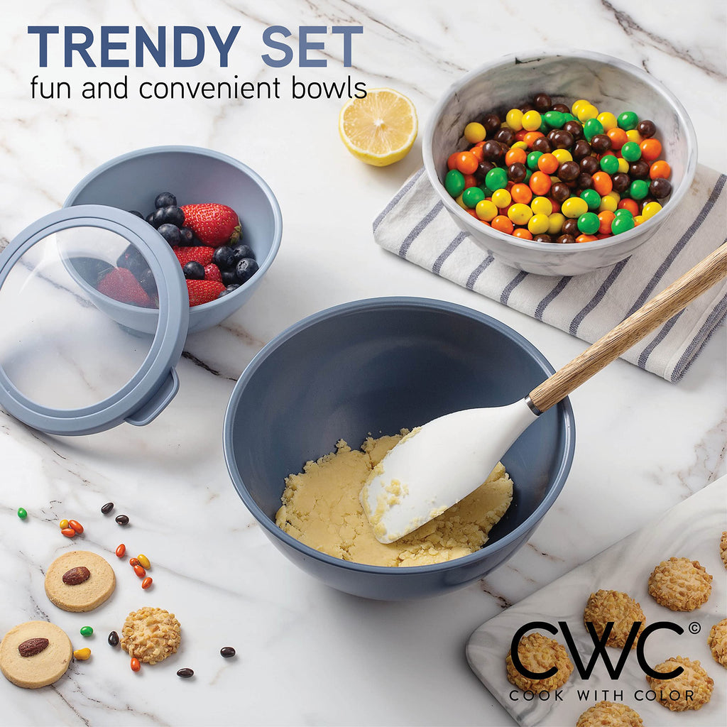 COOK WITH COLOR Mixing Bowls with TPR Lids - 12 Piece Plastic Nesting Bowls Set includes 6 Prep Bowls and 6 Lids, Microwave Safe Mixing Bowl Set (Blue and White)