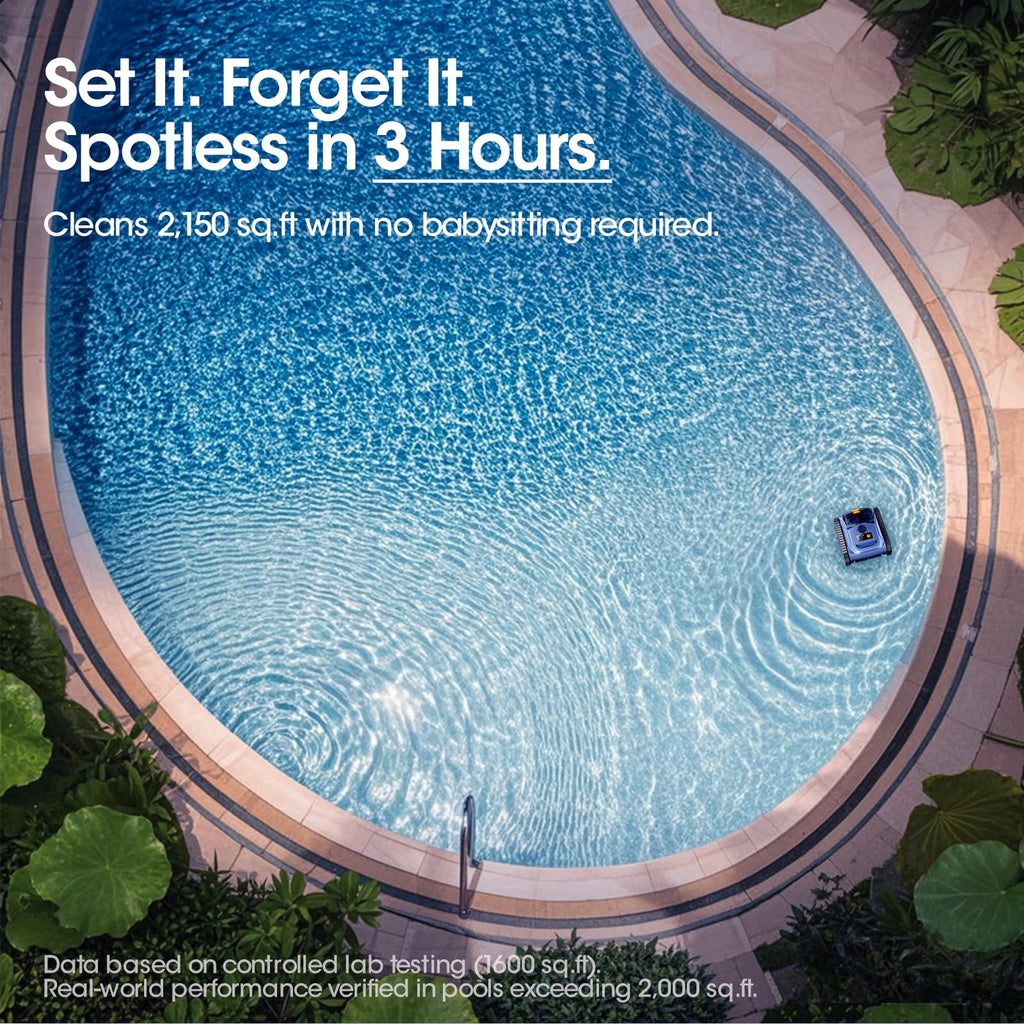 Cordless Robotic Pool Vacuum, Pool Cleaner with Track Drive & Sonar Navigation, 180W Brushless Motor, Wall & Waterline Climbing, 150-Min Runtime, for Inground Above-Ground 2150 Sq. Ft. (Navy Blue)