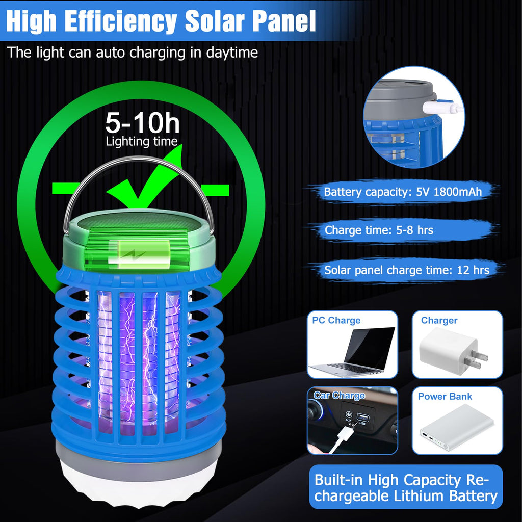 Solar Bug Zapper Outdoor Waterproof Mosquito Zapper for Patio Home Camping, 3 in 1 Cordless Rechargeable Mosquito Repellent Outdoor Patio Flashlight, Mosquito Killer Indoor - Blue, 2 PCS Patio