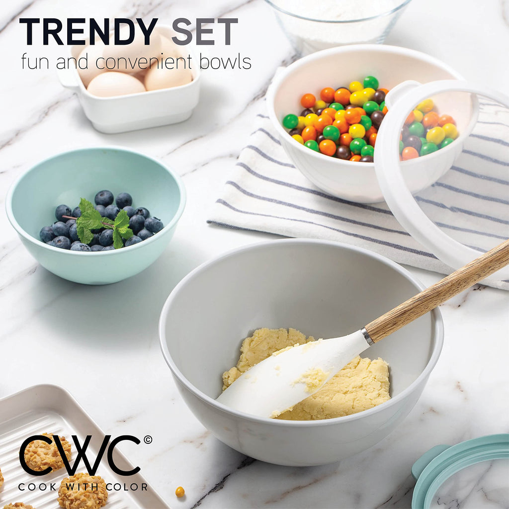 COOK WITH COLOR Mixing Bowls with TPR Lids - 12 Piece Plastic Nesting Bowls Set includes 6 Prep Bowls and 6 Lids, Microwave Safe Mixing Bowl Set (Mint)
