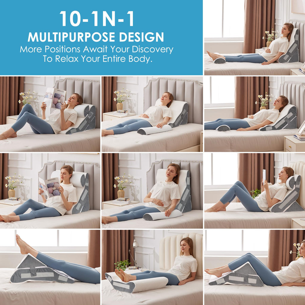 MEGCXIT 3PCS Bed Wedge Pillow for Headboard, 10-in-1 Adjustable Foam Wedge Pillow for Acid Reflux Relief, 23” Wide Triangle Pillow Wedge for Post Surgery, Back Pain Relief & Snoring, White/Grey