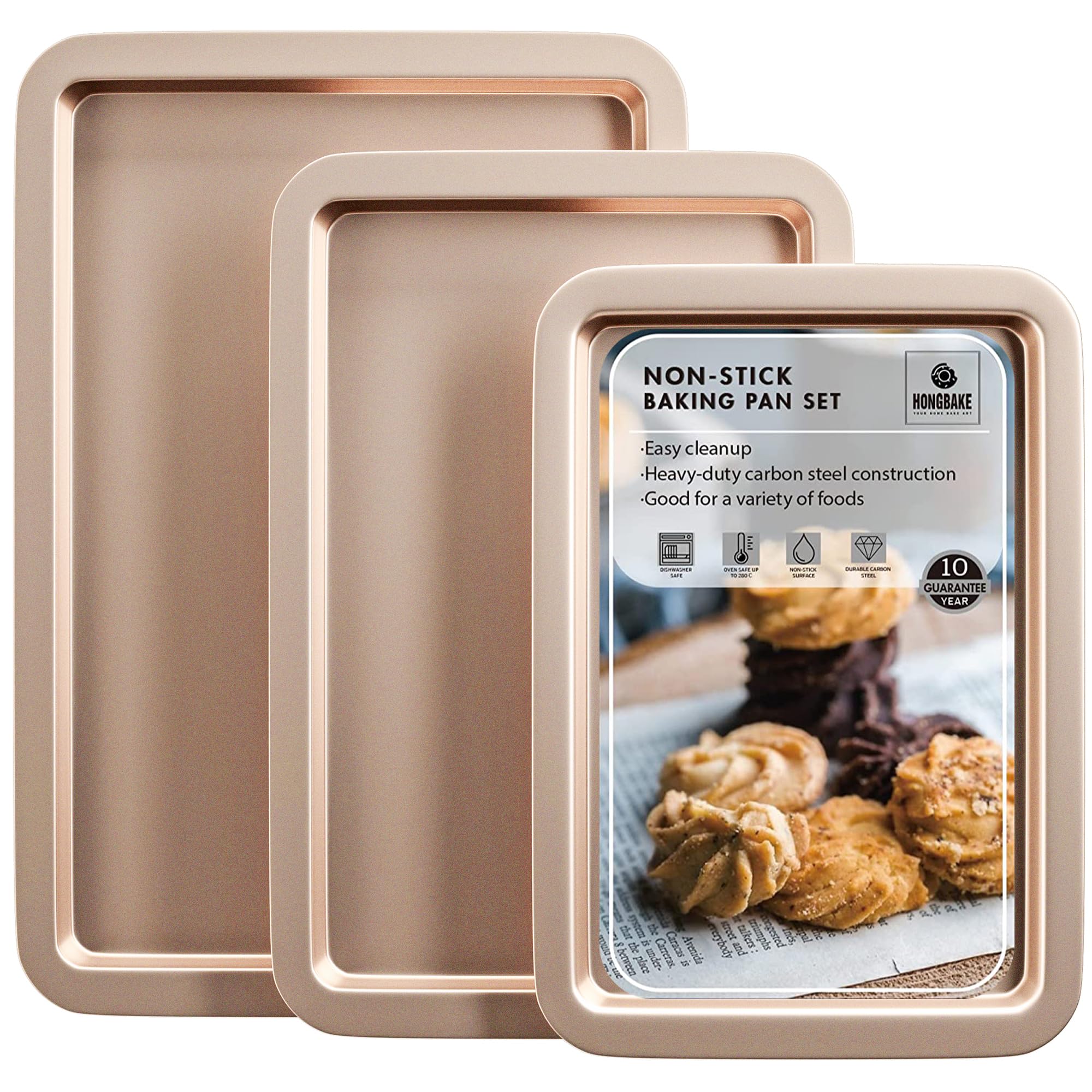 HONGBAKE Cookie Sheets, Baking Sheet Set, Nonstick Oven Pan with Wider Grips, 3 Pack Half/Jelly Roll/Quarter Baking Tray, Premium & Dishwasher Safe