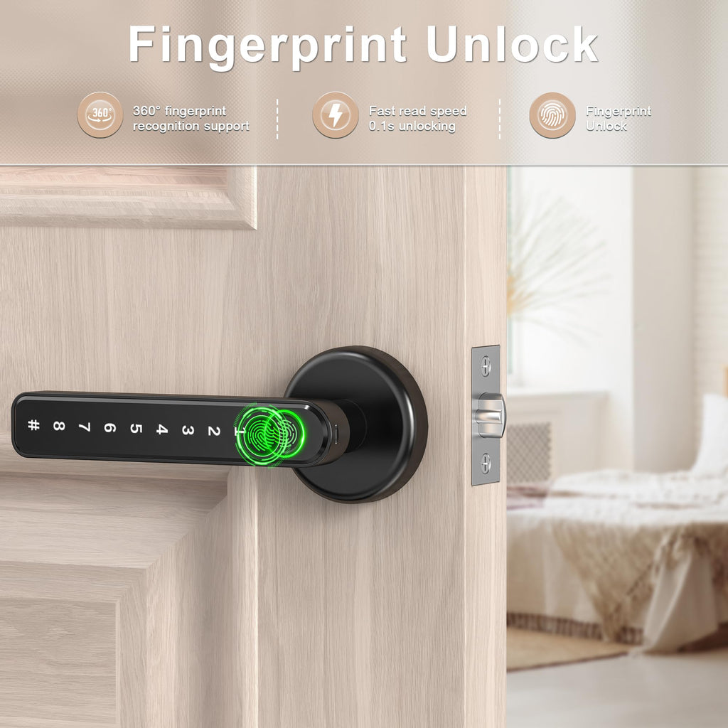 IRONZON Fingerprint Door Lock Door Knob with Keypad Keyless Entry Door Lock with Handle for Home Hotel Office Apartment Bedroom Black(F190)