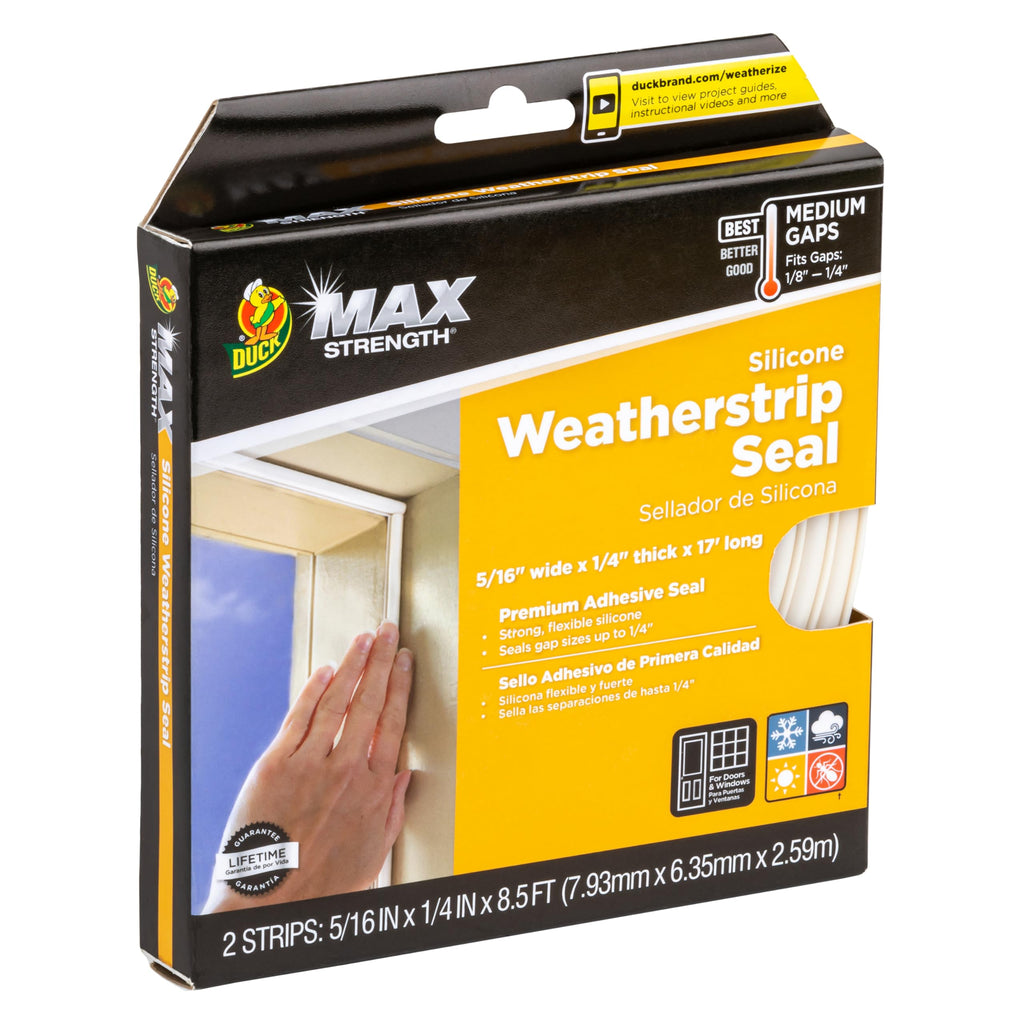 Duck Brand Max Strength Silicone Weatherstrip Seal for Doors and Windows, Self-Adhesive, Fits Medium Gaps from 1/8-1/4 Inches, .31 in. x .25 in. x 17 ft., White