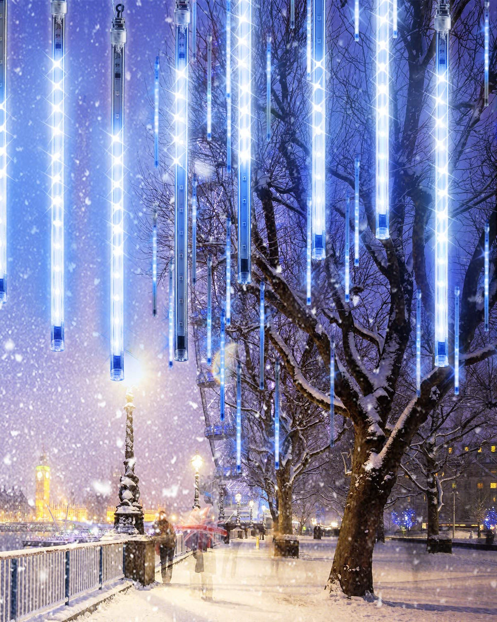 Blue 20 Tubes Meteor Shower Icicle Lights 480 LED Raindrop Lights with Timer Function Cascading Lights Falling Rain Lights for Holiday Party Christmas Decorations