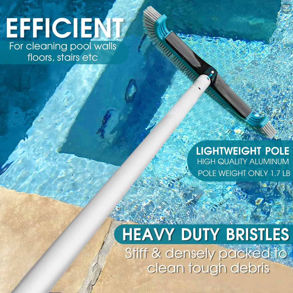 Swimming Pool Cleaning Kit - Aluminum Frame Skimmer Net with 10Ft Adjustable Pole & 17.5” Pool Brush Head, Pools Maintenance Kits for Inground & Above Ground Swimming Pools, Removes Debris