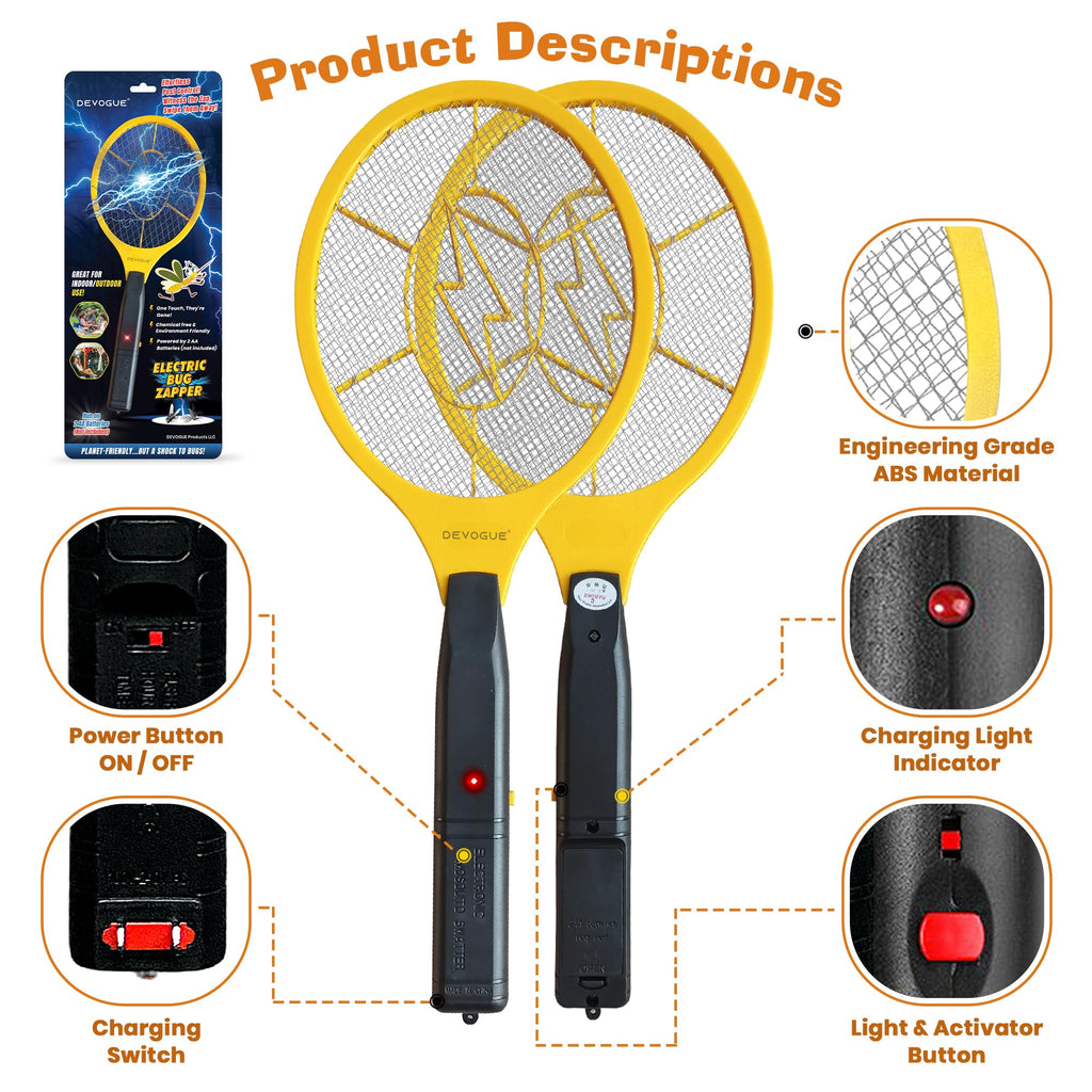DEVOGUE® Electric Fly Swatter Bug Zapper Battery Operated Flies Killer Indoor & Outdoor Pest Control Mosquito and Insect Catcher Racket
