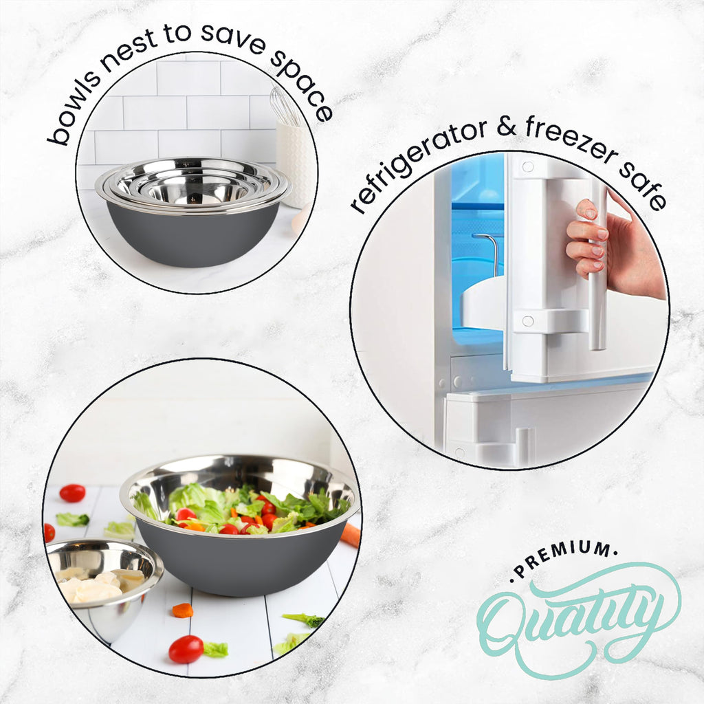 WHYSKO Meal Prep Stainless Steel Mixing Bowls Set, Home, Refrigerator, and Kitchen Food Storage Organizers | Ecofriendly, Reusable, Heavy Duty (Gray)