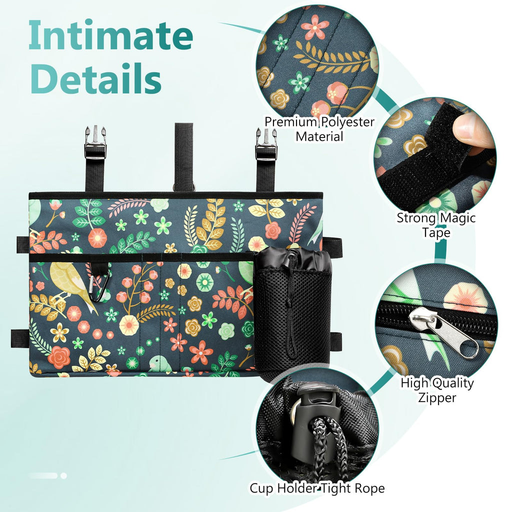 Rhino Valley Walker Bag, Multi Pockets Folding Walker Basket Tote Bag with Cup Holder, Hand-Free Carry Pouch Storage Bag for Universal Walkers, Large Capacity Organizer for Seniors Elderly, Birds