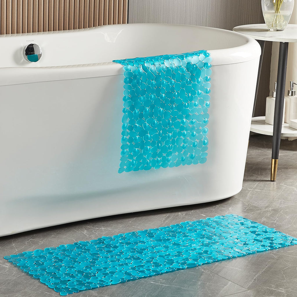 Webos Bath Shower Mat Non Slip: Extra Large Pebble Bathtub mat for Kids, Elderly, Anti Slip Shower Matt with Drain Holes Suction Cups Tub Mat - 16 X 40 Inch Clear Green