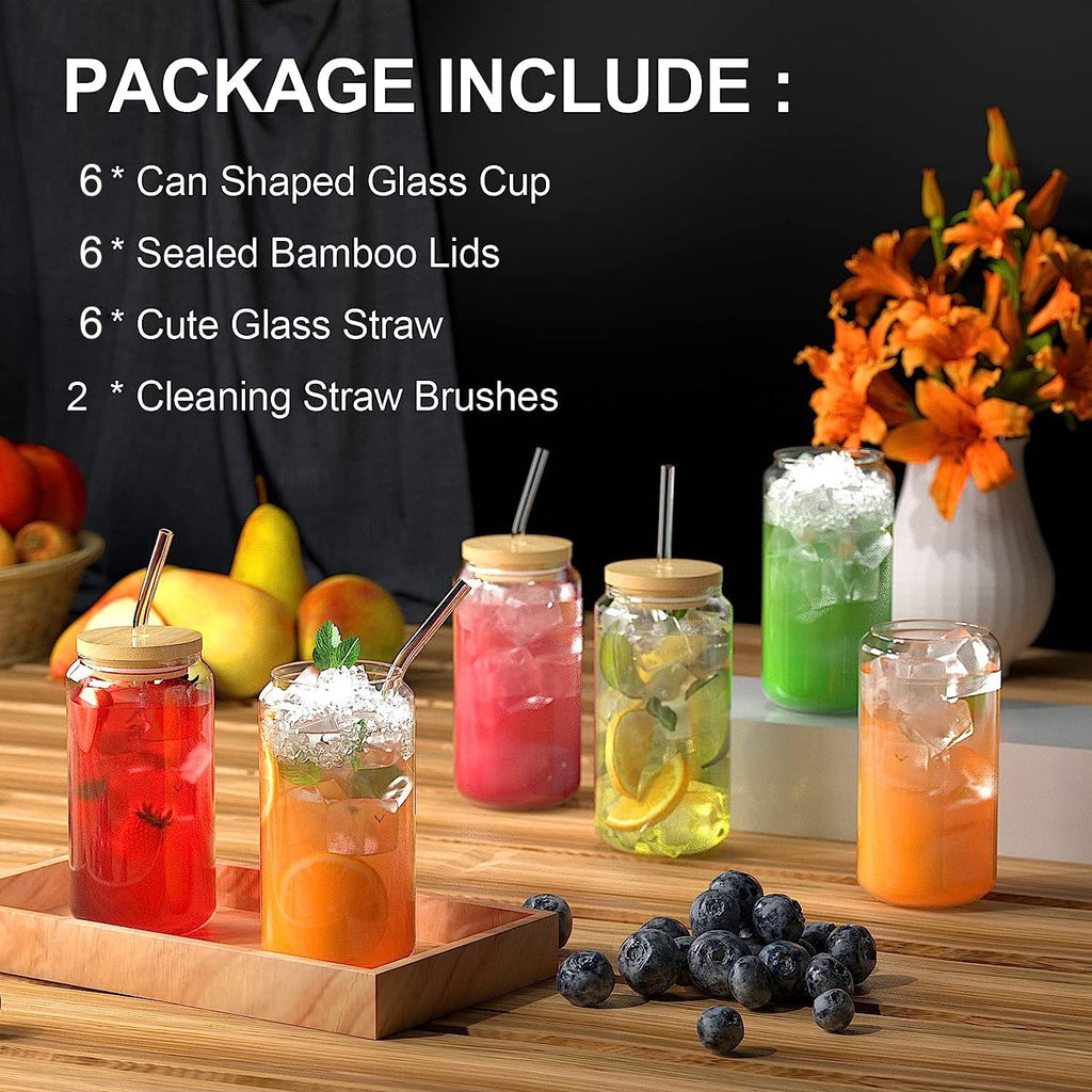 Finew Glass Cups, Christmas Gifts For Women, 6PCS 16OZ Drinking Glasses With Bamboo Lids and Straws, Coworker Christmas Gifts, With 2 Cleaning Brushes Best Choice as a Gift