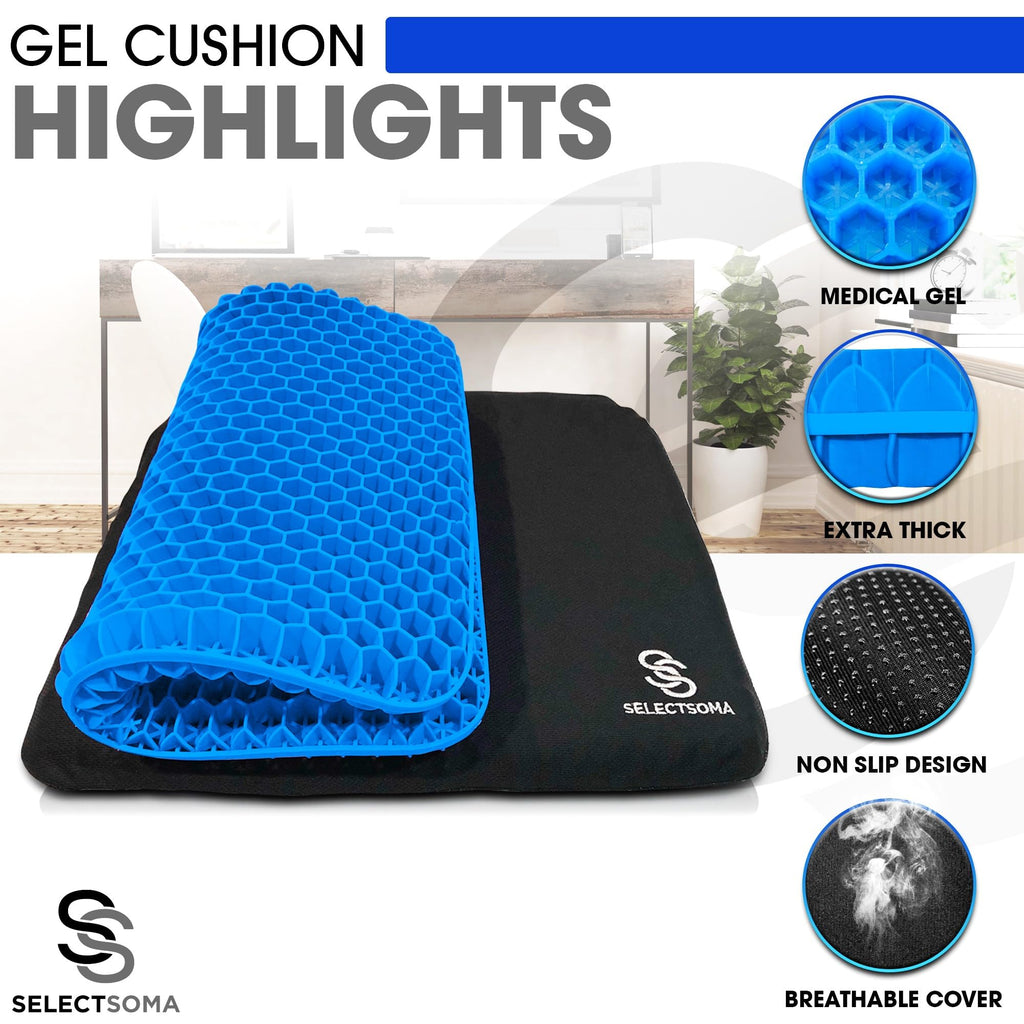 SelectSoma Large Gel Seat Cushion for Desk Chair - Pressure Relief for Back, Sciatica, Coccyx, and Tailbone Pain While Long Sitting – Wheelchair Cushion – Car and Truck Chair Pad