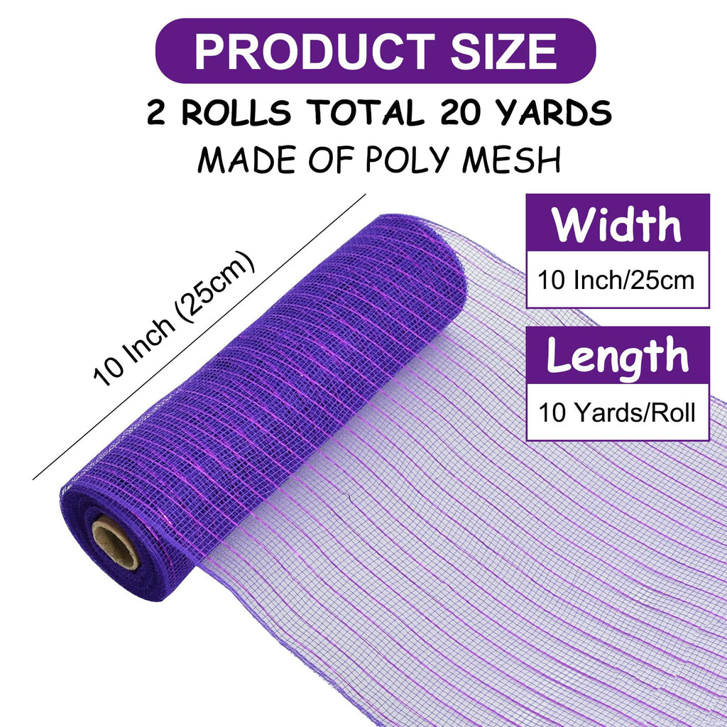 TONIFUL 2 Rolls 10 Inch Purple Decorative Mesh Ribbbon Rolls, Fabric Mesh with Foil for Mesh Wreath Supplies, Front Door Wreath Crafts Tree Decor Christmas NewYears Halloween Decoration (10 yds/roll)