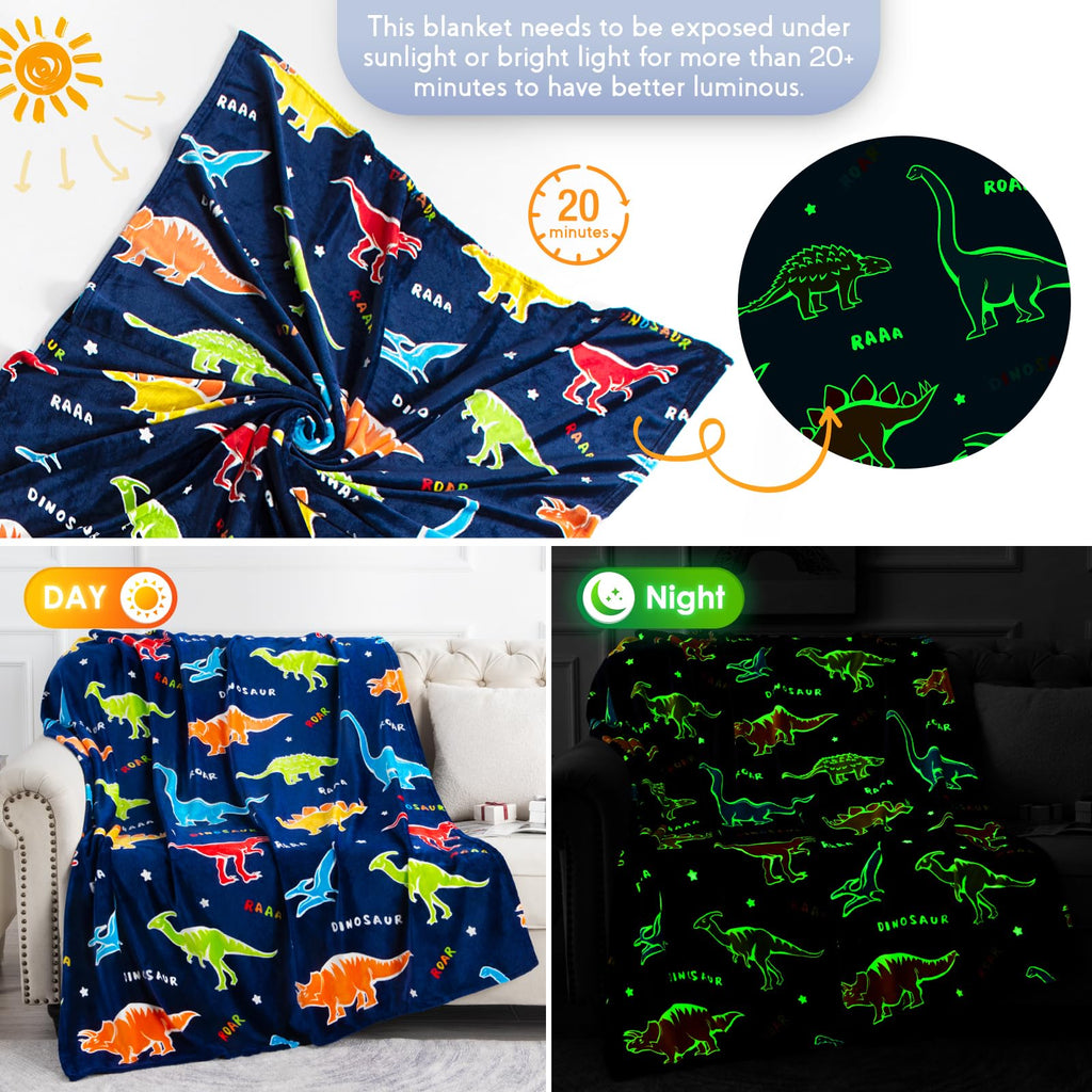Dinosaur Gifts Toys for Kids Boys - Glow in The Dark Blanket Dino Throw Age 1-13 Years Old Toddler Teen Son Girls Present Birthday Christmas Halloween Valentine's Day Easter Teenager Child Gift
