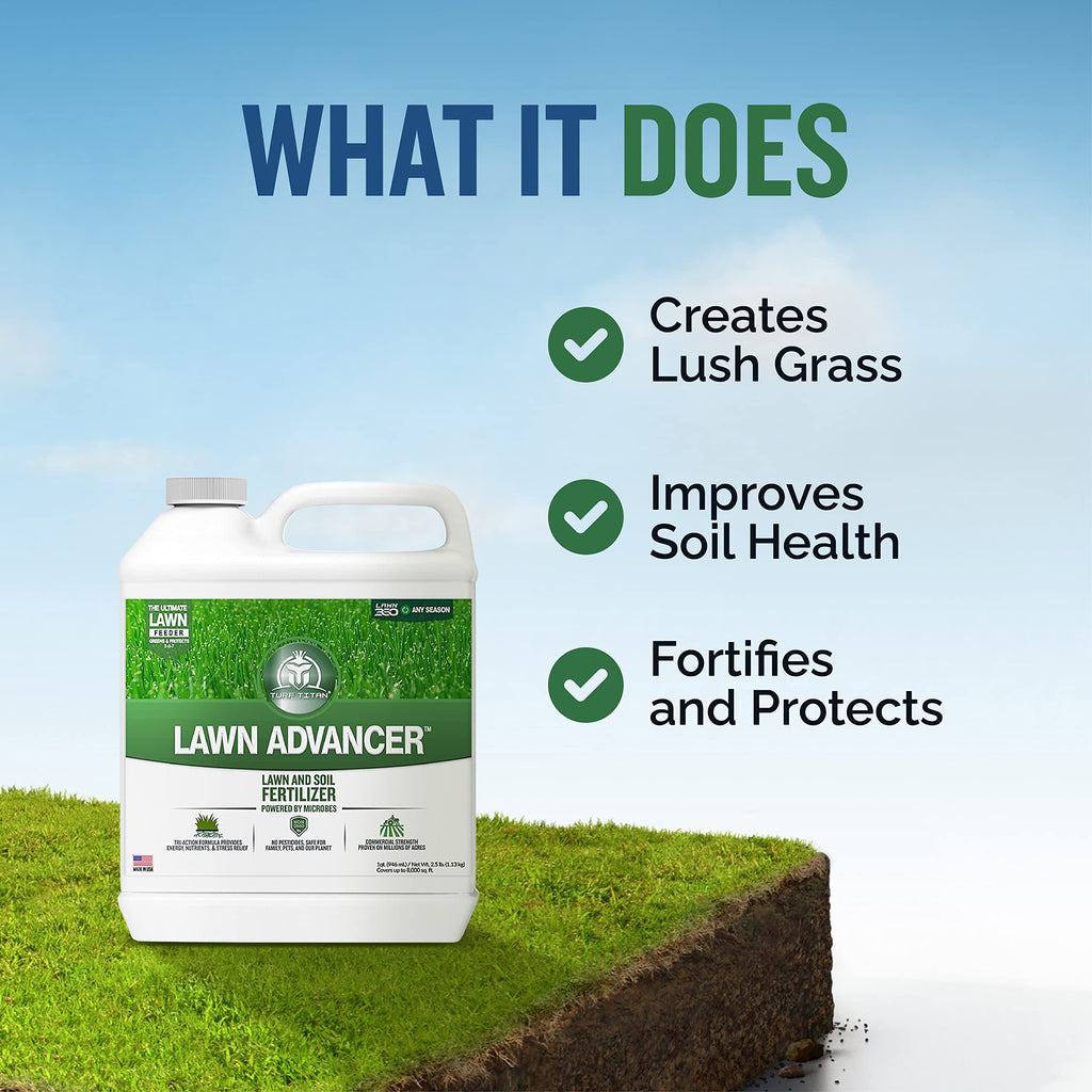 Turf Titan Lawn Advancer – Green Lawn Booster and Lawn Fertilizer (32 oz) – Fast Acting Grass Fertilizer w/Tri-Action Formula – Fertilizer Concentrate for Grass Growth - Covers up to 8,000 Sq Ft