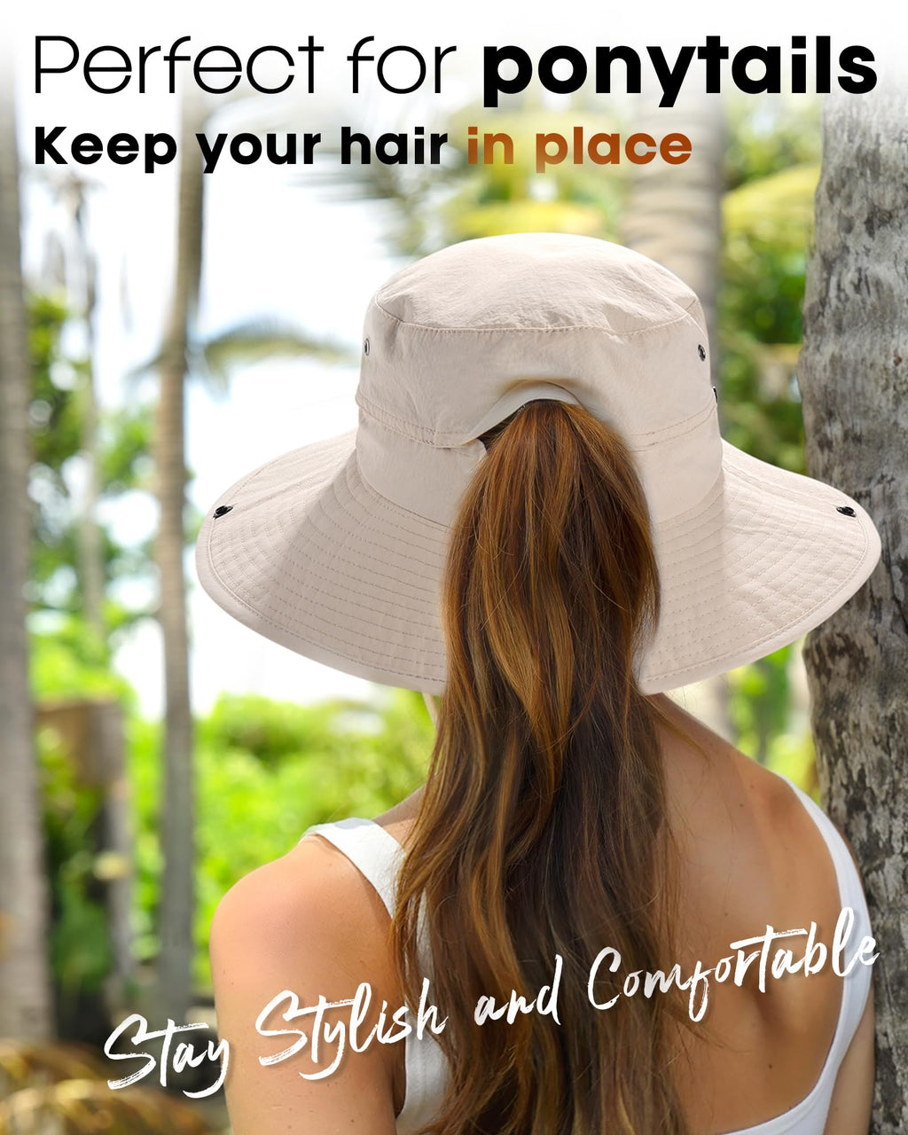 Sun Hats for Women Ponytail UV Protection Beach Summer Hat Wide Brim Packable Cowboy Hat Beige