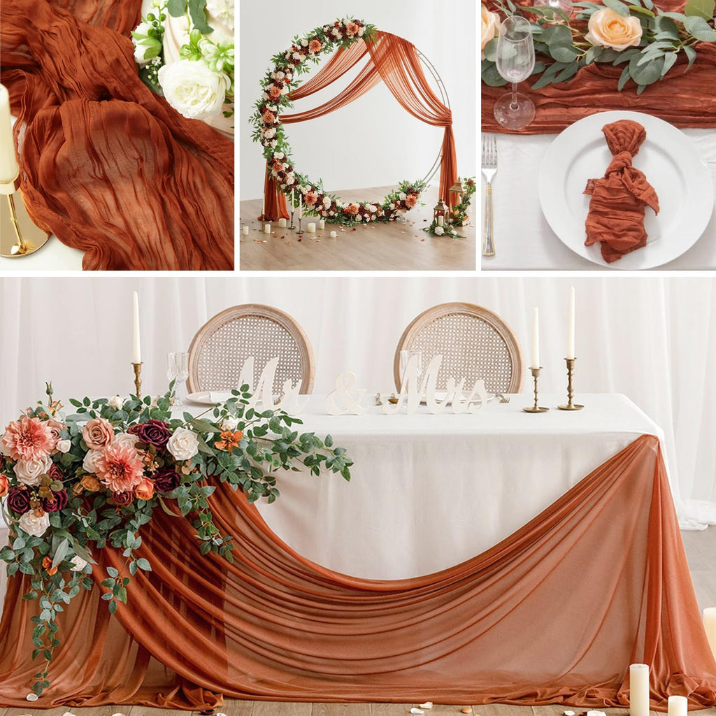 6 Pieces Terracotta Cheesecloth Table Runner 10ft, Rustic Burnt Orange Gauze Cheese Cloth for Boho Wedding Decor Bridal Shower Engagement Thanksgiving Christmas Table Runner