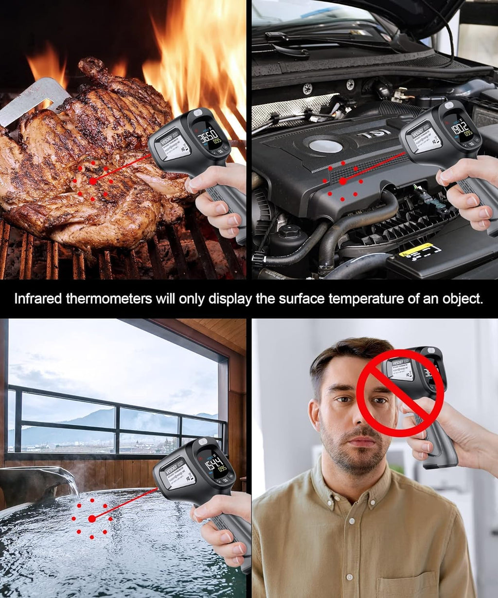 Infrared-Thermometer-Gun-Heat-Temperature-Gun -58°F ~932°F-Auto Off Digital Laser Thermometer Gun for Cooking, Pizza Oven, Grill, Large Display IR Thermometer Temp Gun with Adjustable Emissivity