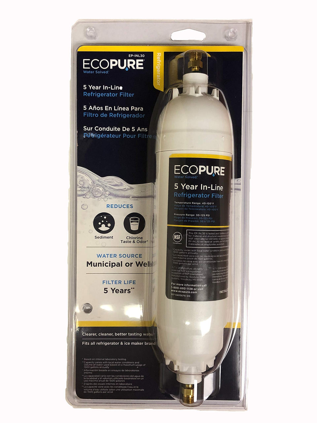 EcoPure EPINL30 5 Year in-Line Refrigerator Filter + Eastman Ice Maker Connector, 1/4 Inch
