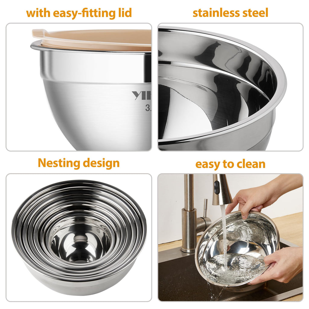 YIHONG 7 Piece Metal Mixing Bowls with Lids for Kitchen, Stainless Steel Set Ideal for Baking, Prepping, Cooking and Serving Food, Nesting Design for Space Saving Storage (Khaki)