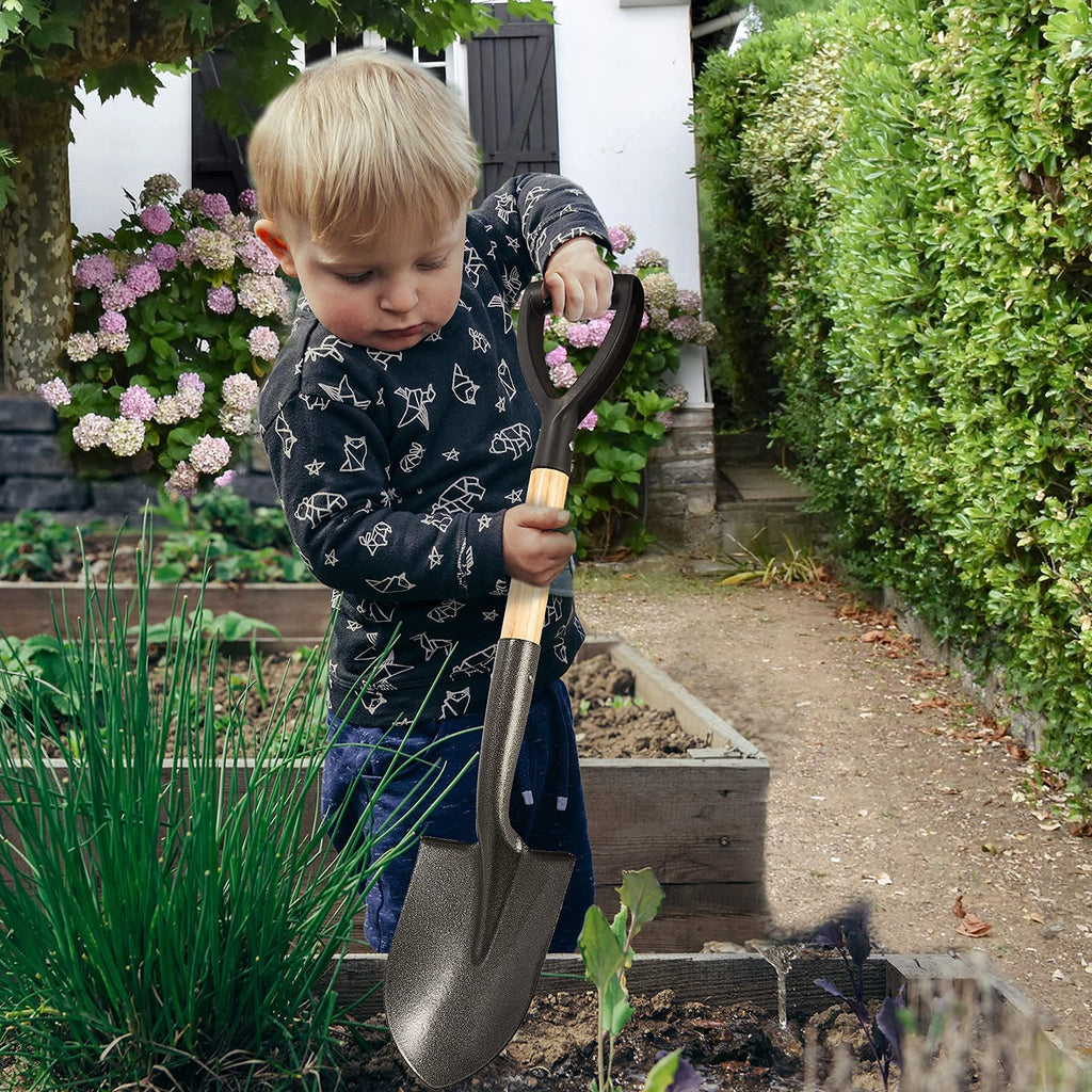 Shovel for Digging 28 In Small Round Shovel with D Handle Kids Metal Beach Shovel，Camp Shovel ，Garden Shovel ,Gardening Tools Wooden Handel, Yellow Wood, 28In