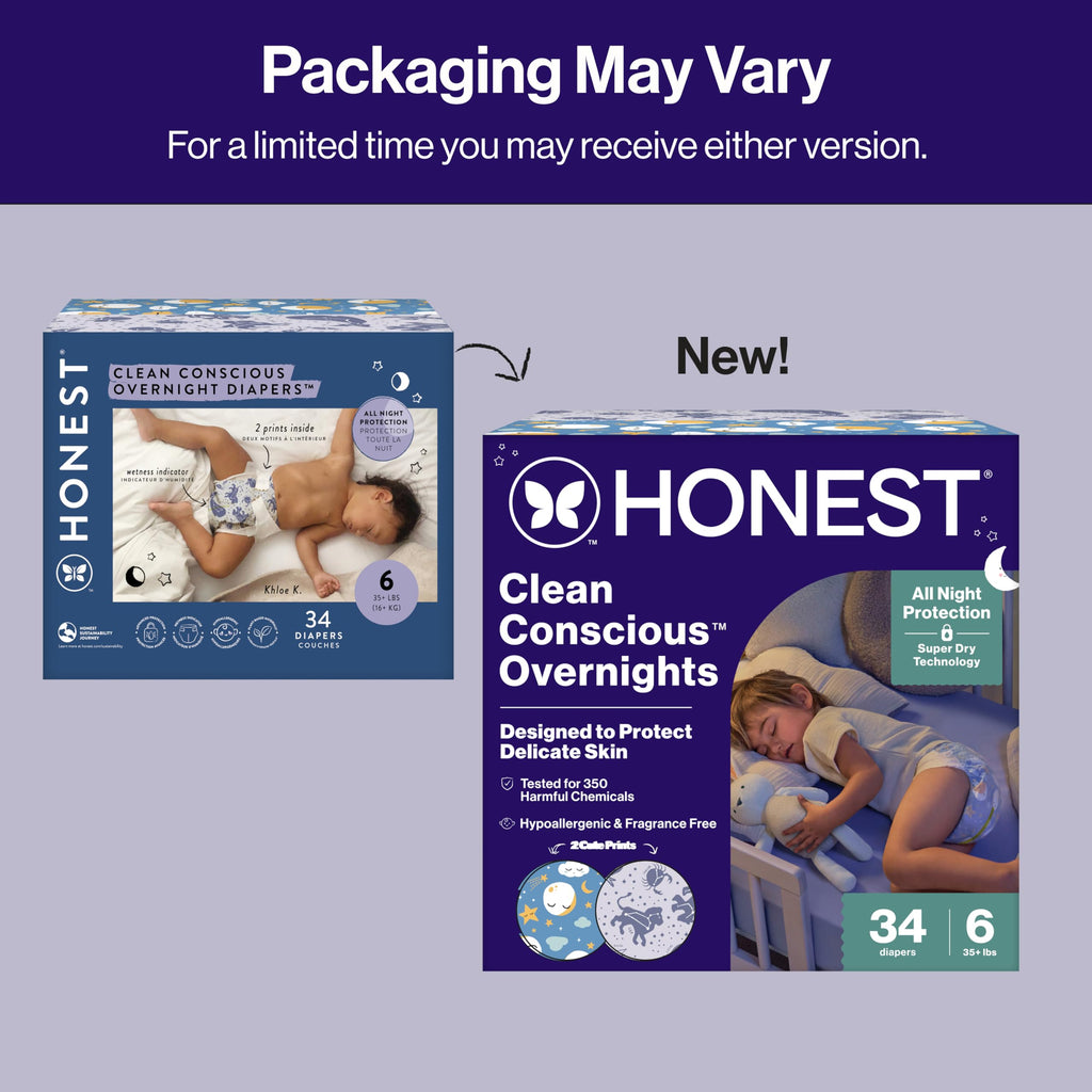 The Honest Company Comfort Dry Overnight Diapers, Up to 12 Hours Protection, Hypoallergenic, Fragrance-Free, Cozy Cloud + Star Signs, Club Box Size 6 (35+ lbs), 34 Count