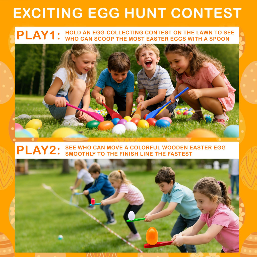 20 Pcs Easter Egg and Spoon Race Game Set, 10 Players Balance Relay Easter Games Include 10 Eggs and Wooden Spoons for Kids Family Carnival Sports Outdoor Games Holiday Birthday Party Supplies