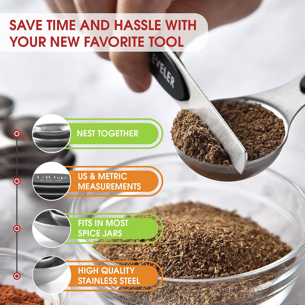 Spring Chef Stainless Steel Magnetic Measuring Spoons Set with Strong N45 Magnets, Heavy Duty Metal Kitchen Gadgets for Baking & Cooking, Fits in Most Kitchen Spice Jars, Set of 8 with Leveler, Black