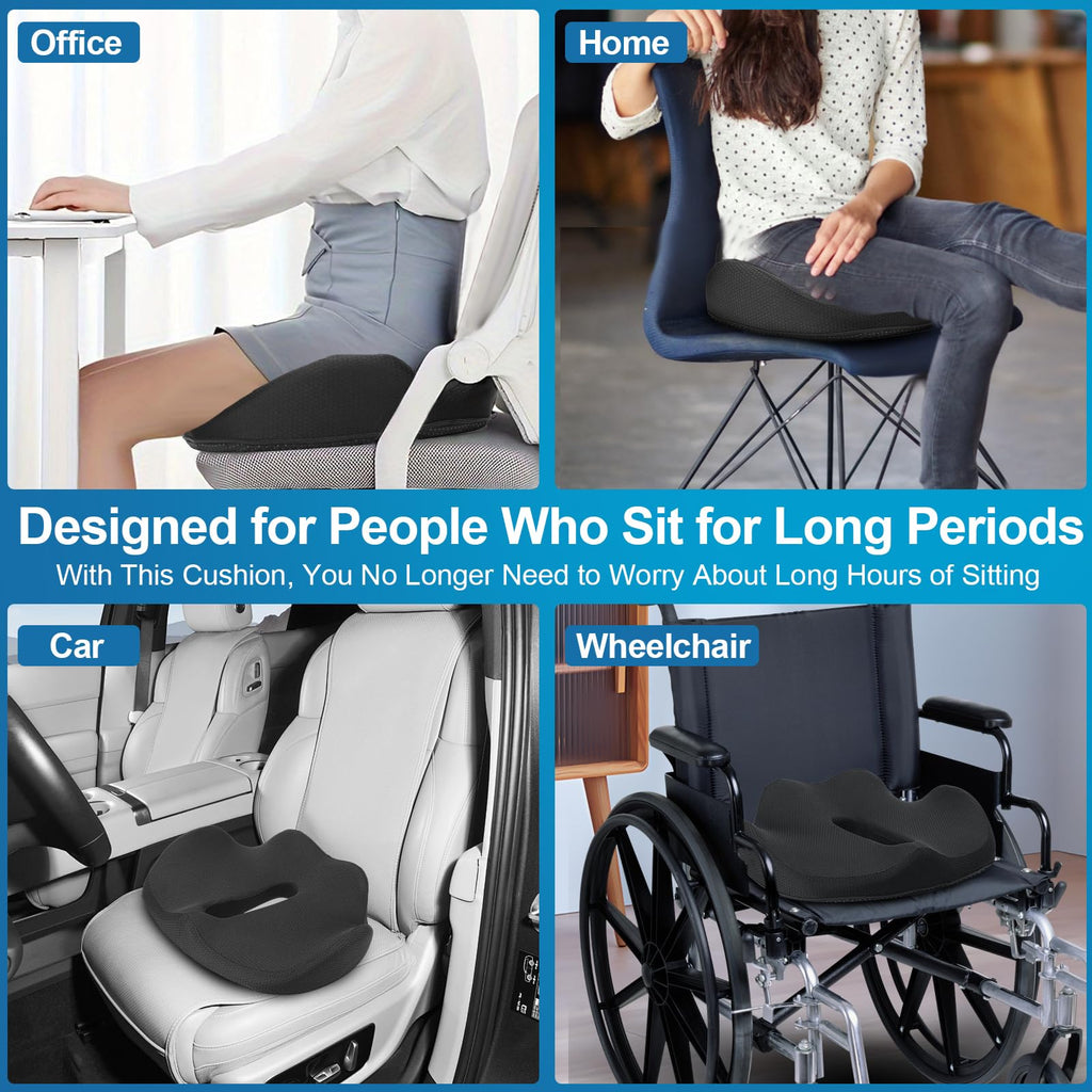 Memory Foam Seat Cushion,Office Chair Cushion,Car Seat Cushion,Tailbone Pain Relief Cushion,Sedentary & Coccyx & Back Pain Relief,Sciatica Support,Non-Slip Cushions,Portable & Washable (Black)