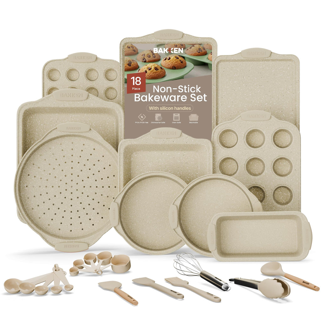 BAKKENMASTER 18-Piece Deluxe Nonstick Carbon Steel Bakeware Set - Professional Kitchen Oven Baking Pans with White Silicone Handles and Accessories