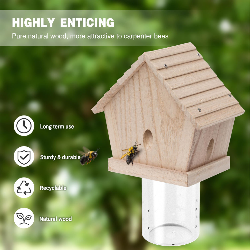 GRTRE 1 Pack Wood Carpenter Bee Trap for Outside - Best Bee Trap - Wood Boring Bee Trap- Nature Chalet Style Carpenter Bee Traps Outdoor Hanging - Insect Traps Removes Carpenter bee