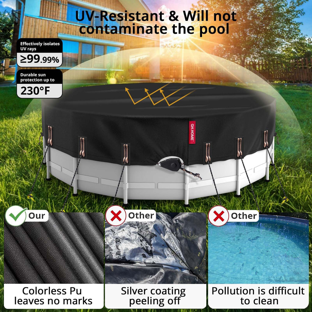 QH.HOME Solar Round Pool Cover for 12 Ft Bestway/Intex Above Ground Pool,One-Piece Tear Resistant Swimming Pool Cover Protector with Fast Tightening Patented Ratchet & Upgraded Ultimate Windproof