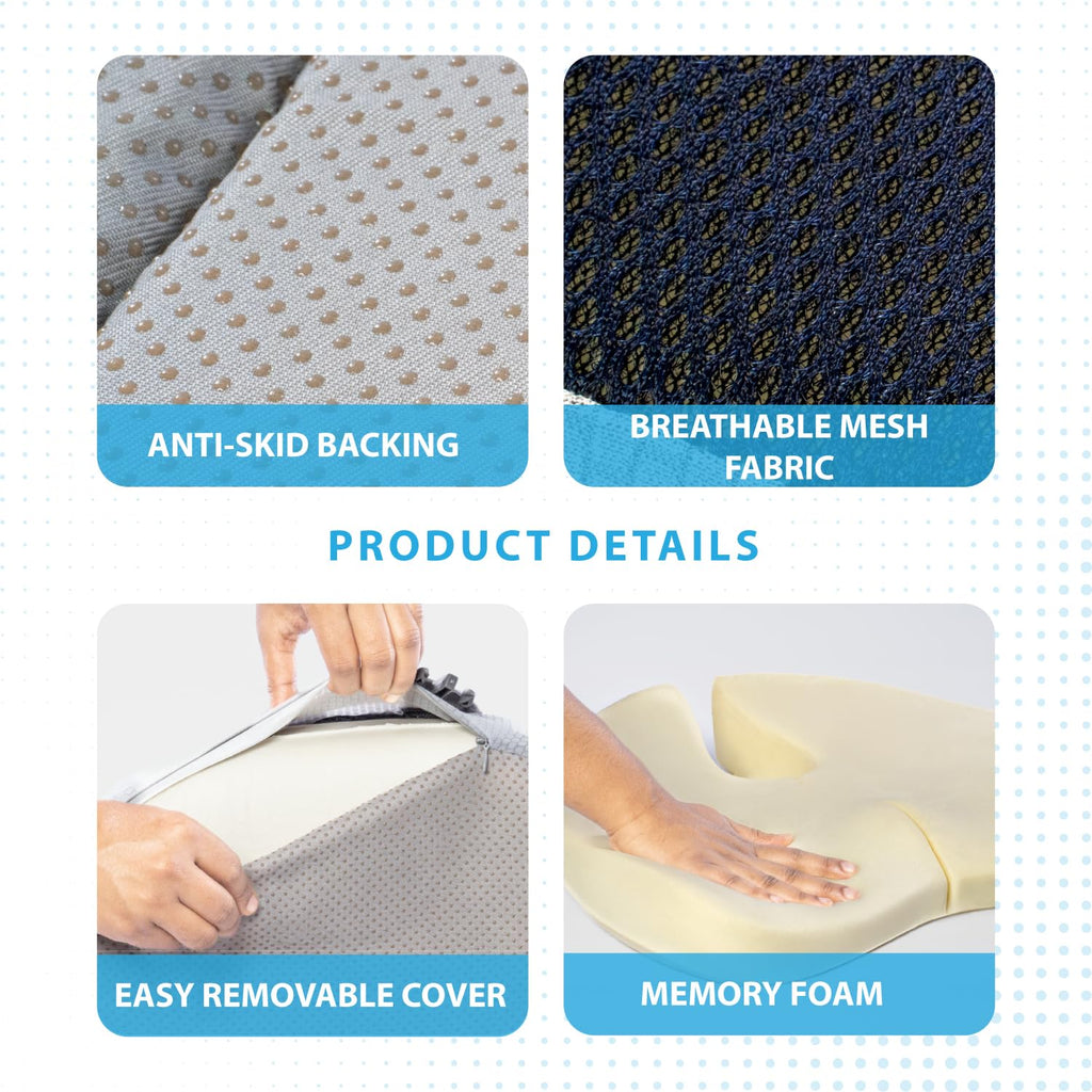 EliteCozy Foldable Non-Slip Orthopedic Hemorrhoid Pain Relief Memory Foam Seat Cushion with Extra Cover -Tailbone, Sciatica, Hip, Back Support Long Sitting Office Chair, Car Seats, Home, Yoga & Travel