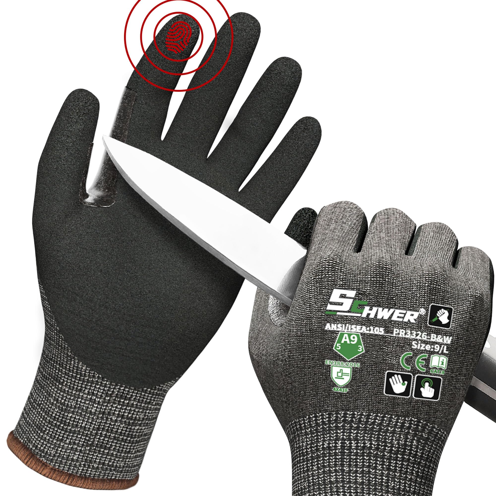 Schwer ProGuard High Level Cut Resistant Work Gloves PR3326 for Extreme Protection，ANSI A9 Cut Gloves with Reinforced Thumb, Non Slip, Durable, Touch-screen, Black 2 Pairs（L）
