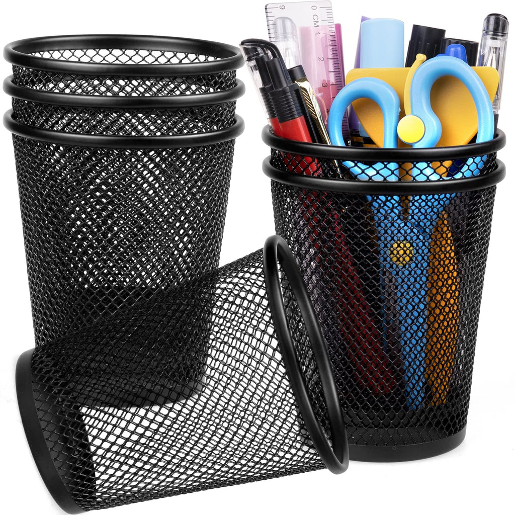 Mesh Pencil Holder Metal Pen Cup Black for Desk, 6 Pack Office Desk Organizer for Business, School & Home