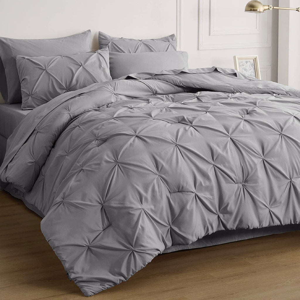 Bedsure Queen Comforter Set - Bed in a Bag Queen 7 Pieces, Pintuck Bedding Sets Gift for Christmas Grey Bed Set with Comforter, Sheets, Pillowcases & Shams