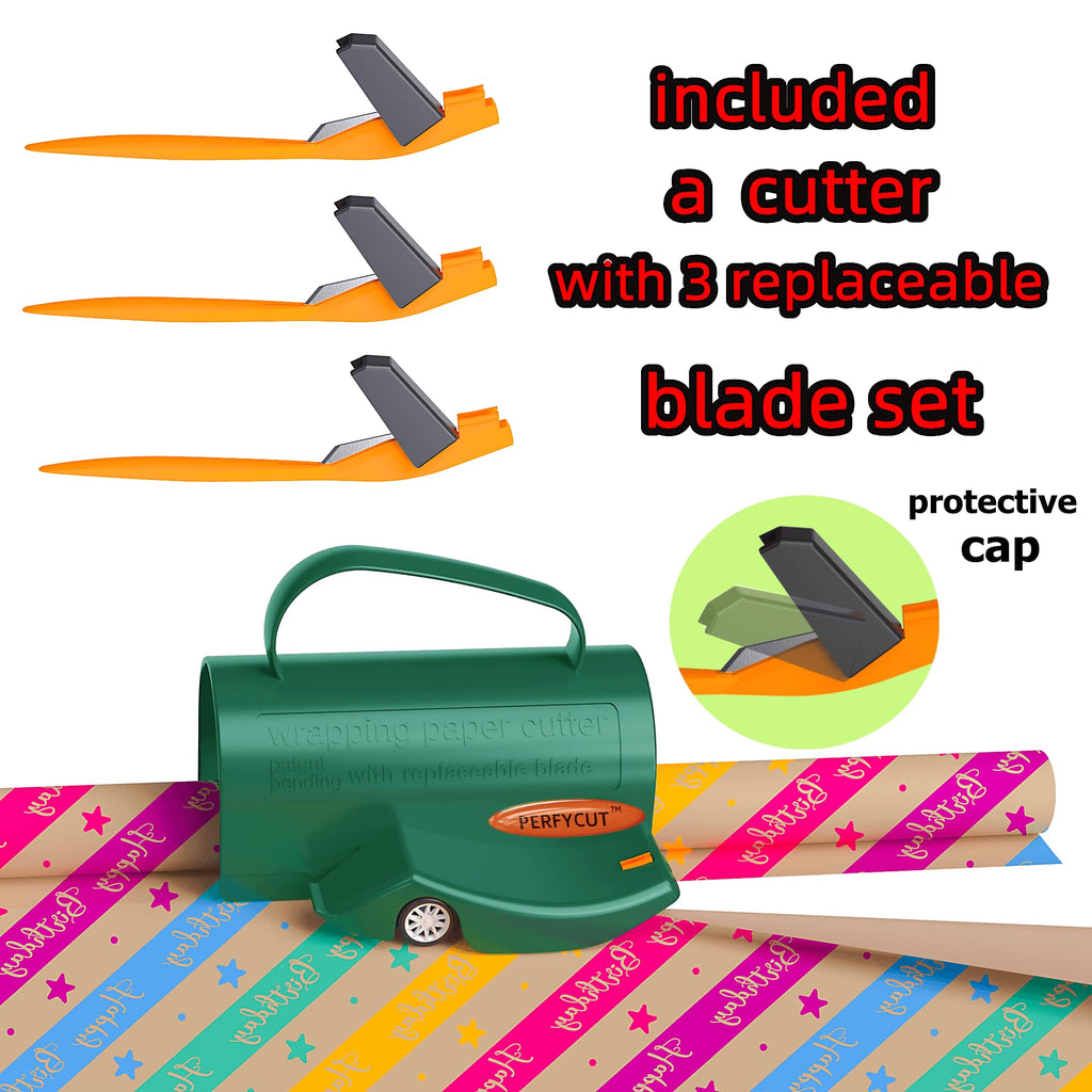 PERFYCUT Wrapping Paper Roll Cutter Tool with 3 pcs Replaceable Blade Kit Gift Wrapping Paper Cutter for Christmas and Birthday Wrapping Paper Gift Wrap Cutter Holder Tube Dispenser Slicer Trimmer.