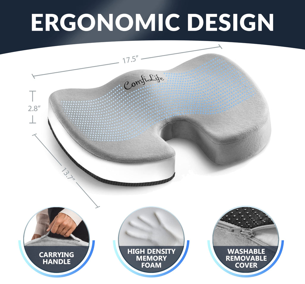 ComfiLife Gel Enhanced Seat Cushion – Office Chair Cushion – Non-Slip Gel & Memory Foam Coccyx Cushion for Tailbone Pain - Desk Chair Car Seat Cushions Driving - Sciatica & Back Pain Relief (Gray)