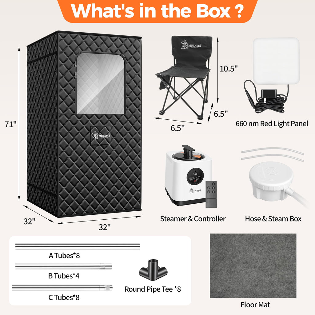 MUTAMA Sauna Box, 3L Portable Steam Sauna Tent for Home & Indoor Use, 1400w Personal Sauna Pod, Remote Control, Folding Chair, 15 Levels, 99-Min Timer,32" x 32" x 71"