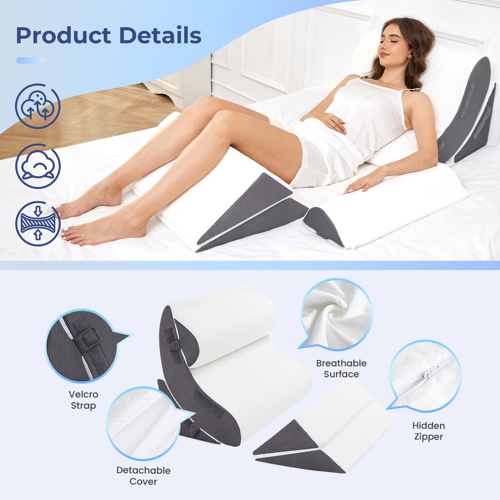 MASVIS 5Pcs Orthopedic Bed Wedge Pillow Set for Sleeping - High Density Foam Wedge Pillows for Post After Surgery, and Body/Back/Knee/Headboard Pain Relief, Acid Reflux, Snoring, Gerd