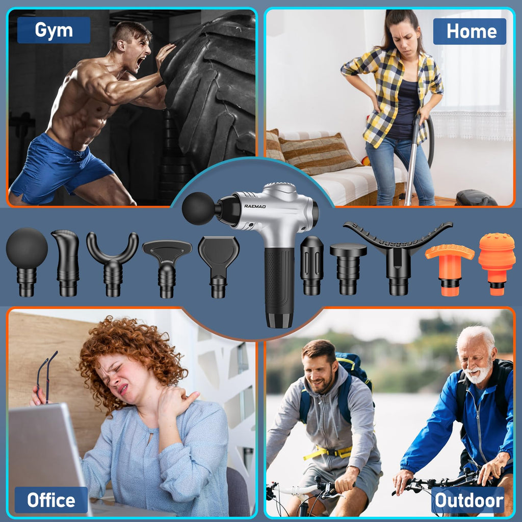 RAEMAO Massage Gun Deep Tissue, Back Massage Gun for Athletes for Pain Relief Attaching 10 PCS Specialized Replacement Heads, Percussion Massager with 10 Speeds & LED Screen, Silver