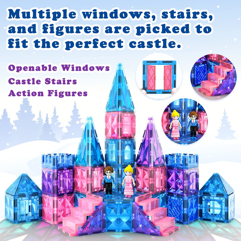Frozen Toys for Girls Magnetic Tiles 102pcs with 2 Stairs 2 Dolls Princess Castle Building Toys Girls Toys Age 4-5 6-8 Magnetic Blocks Birthday Xmas Gifts for Girls Toys for 3 4 5 6 7 8+ Year Old