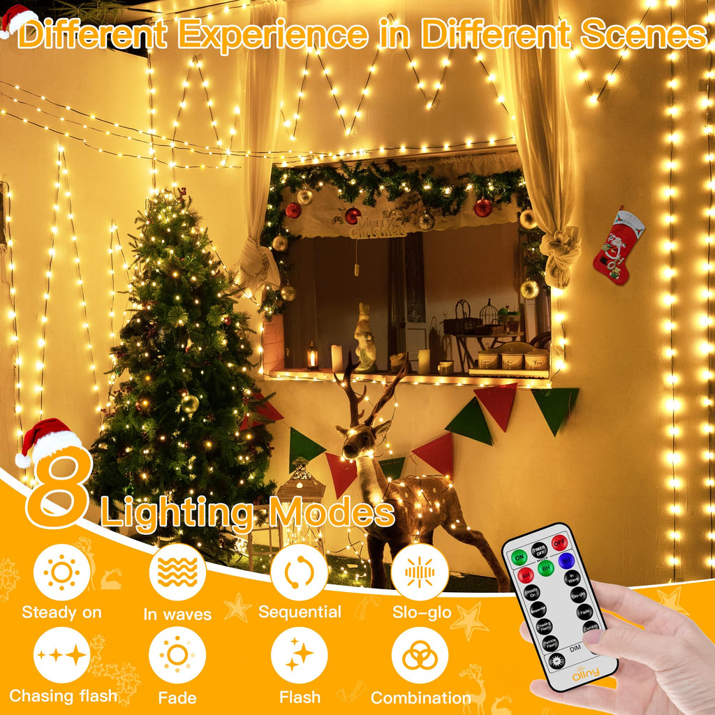 Ollny Christmas Lights 800 LED 262 FT Plug in, IP67 Waterproof Green Wire Outdoor Christmas Lights with Remote, 8 Modes and Timer Christmas Tree Lights for House Indoor Xmas Decorations (Warm White)