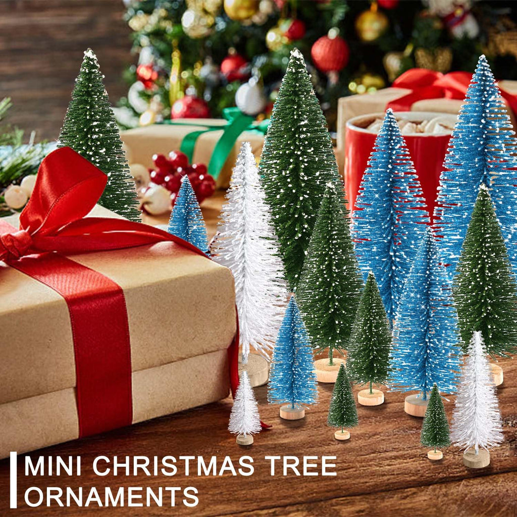 30Pcs Mini Christmas Trees Artificial Christmas Tree Bottle Brush Trees with Wooden Base for Christmas Decor Christmas Party Home Table Craft Decorations(Green+Blue+White)