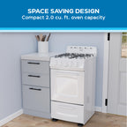 Avanti Gas Range Oven, Compact Freestanding Design, 4 Burners with Electronic Ignition, 2.1 Cu.Ft. Capacity Features Solid Door Storage Drawer Broiler and Accessories, 20-Inch, White