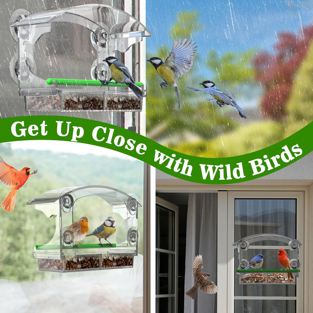 2 Pack Window Bird Feeder with Strong Suction Cups Durable and Sturdy Large Acrylic Clear Bird Feeder for Window Viewing, Bird House for Outdoors Window Viewing, Bird Watching Gifts for Elderly Kids
