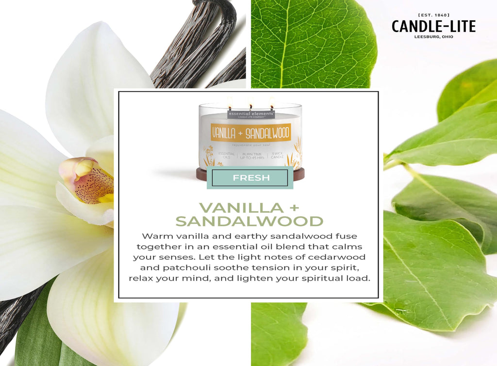 Essential Elements by Candle-lite Scented Candles, Vanilla & Sandalwood Fragrance, One 14.75 oz. Three-Wick Aromatherapy Candle with 45 Hours of Burn Time, Off-White Color