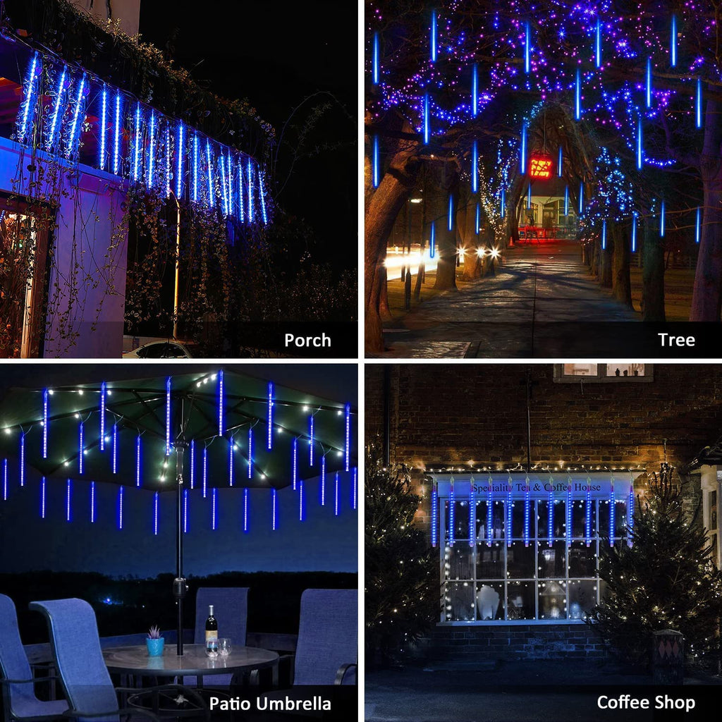 JMEXSUSS 2 Pack Solar Meteor Shower Lights Outdoor Christmas Lights, Blue Meteor Falling Rain Lights Cascading String Lights Waterproof for Tree Garden Party Christmas Decor, Total 16 Tubes 288 LED