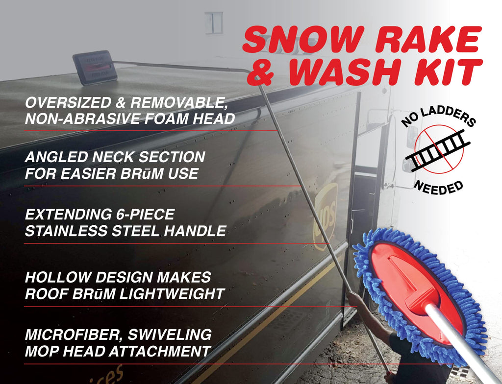 RoofBrum Foam Snow Rake Plush Wash Kit, 22 Foot Reach – No Scratch Snow Removal and Cleaning Set, 6 Piece Handle with 60 Degree Roof Reach – Clear Snow from Your Tall Vehicle and Solar Panels