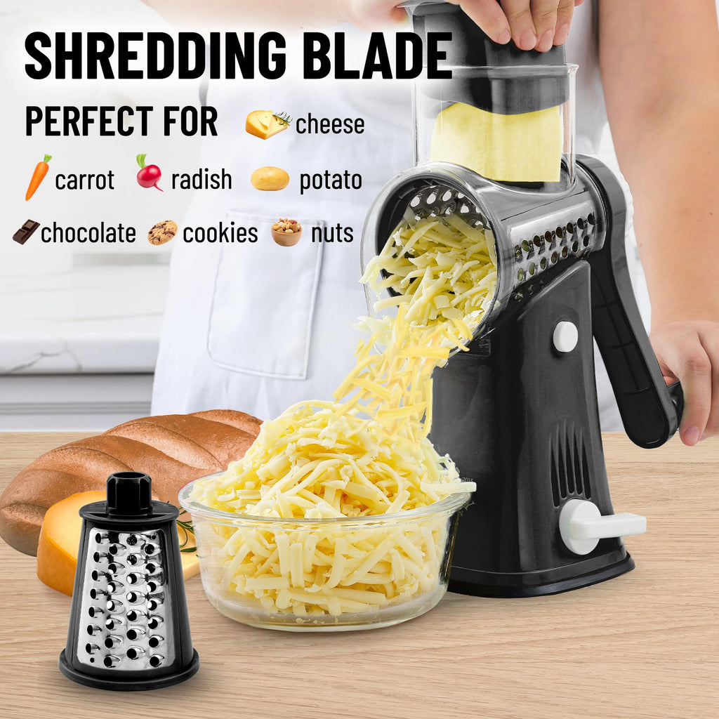 Zulay Rotary Cheese Grater 5 Blade Cheese Shredder - Manual Hand Crank Cheese Grater With Reinforced Suction & 5 Interchangeable Drums - Easy to Use, Vegetable Chopper Round Mandoline Slicer - Black